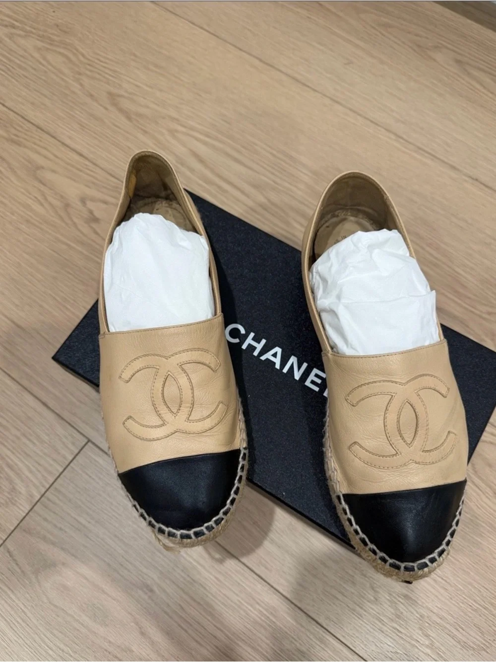 CHANEL Beige Leather Espadrilles with Black Cap Toe